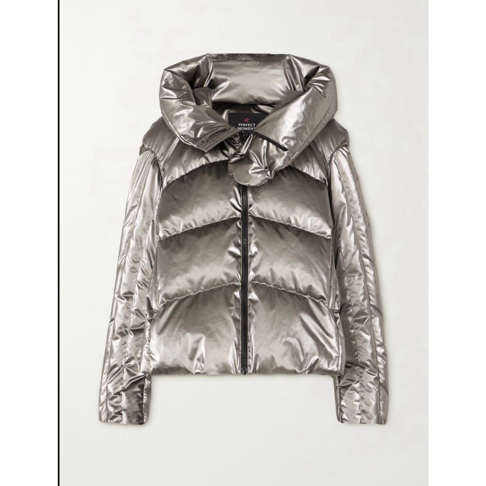 Perfect Moment Orelle Hooded Metallic Quilted Down Ski Jacket L Gunmetal Silver